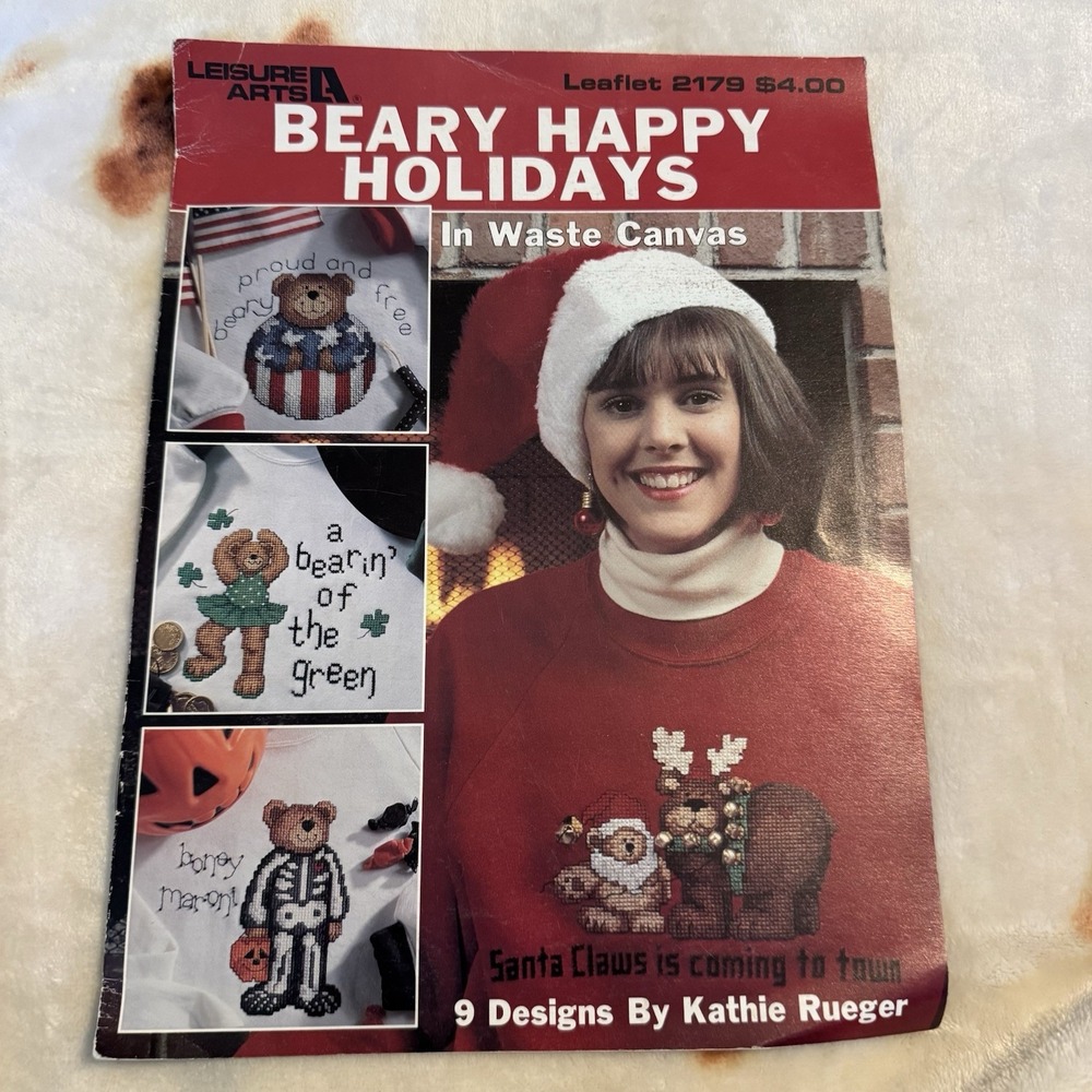1992 Beary Happy Holidays Cross Stitch Vintage Leisure Arts Leaflet Christmas